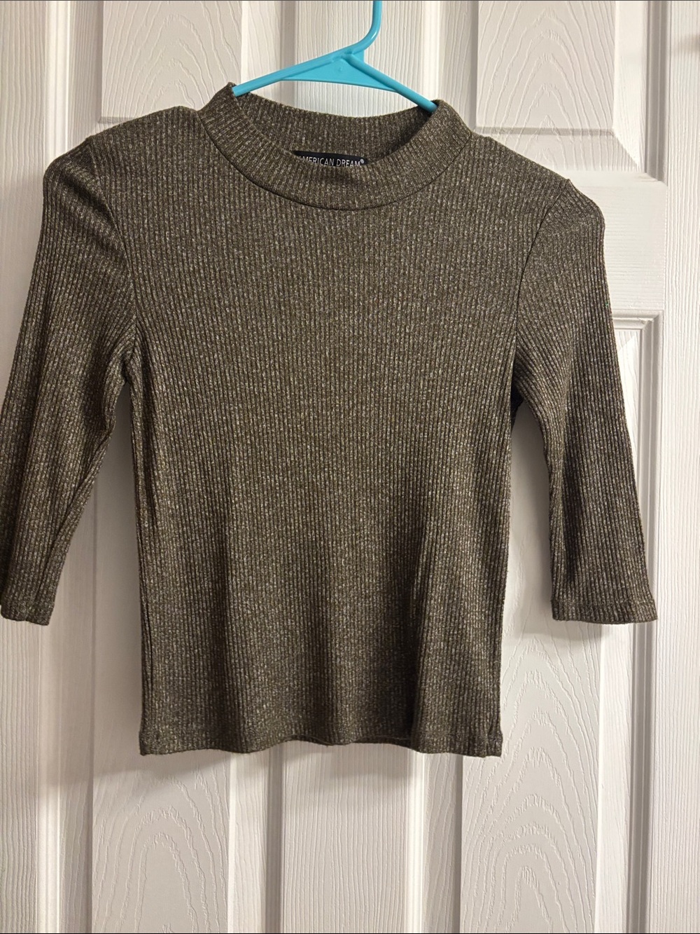 American Dream Ribbed Olive Green 3/4 Sleeve Knit Top